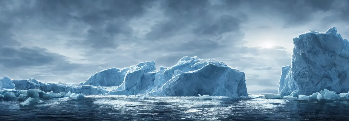 Prompt: A large boat on the ocean Arctic, with the ice cracking and icebergs surrounding it by paul chadeisson, cinematic lighting, extremely detailed, ultra realistic, trending on artstation, 8K