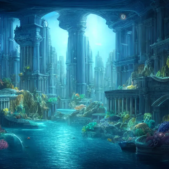 Prompt: hyper realistic, high detail photo of city of atlantis, underwater, lights on buildings, beautiful, dreary lighting, crystal ball