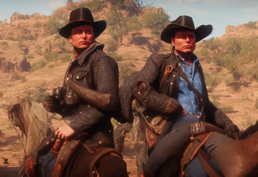 Image similar to elon musk in the red dead redemption 2, elon musk in the video game red dead redemption 2, gameplay screenshot, close up, 3 d rendering. unreal engine. amazing likeness. very detailed.