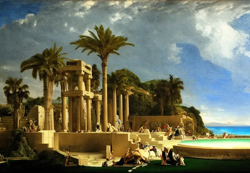 Prompt: The highest coliseum ever made, 1km tall, thunderstorm, greek pool, beach and palm trees on the background major arcana sky, by paul delaroche, hyperrealistic 4k uhd, award-winning very detailed