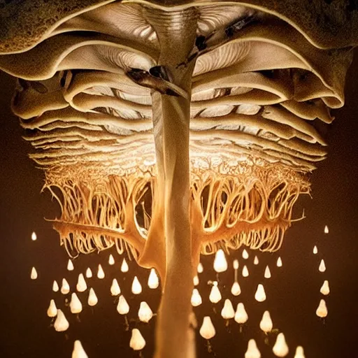 Image similar to a beautiful macro photography on a rotten stump is a small family of conical oyster mushrooms, which are suspiciously reaching for an unusual symbol on the wall depicting a dissected cross, hyper detailed, warm volumetric lights, made by gerald brom and mike winkelmann, photorealism