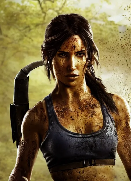 Image similar to a film still of lara croft as ninja, her face muddy and sweat, direct sun light, close up potrait, sharp and detail, cinematic,