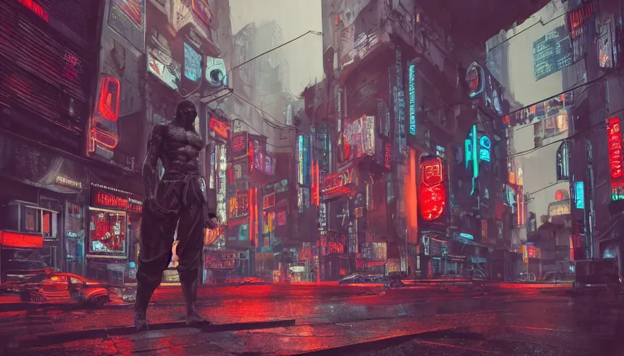 Image similar to a small weathered ancient greek sculpture standing in a square, surrounded by cyberpunk city, neon sign, bladerunner, digital illustration, artstation, cinematic composition