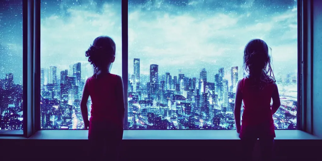 Image similar to overlooking on night city cyberpunk from floor to ceiling window, one little girl, beautiful hair at the back, looking out the window, liminal, cinematic, dreamscape