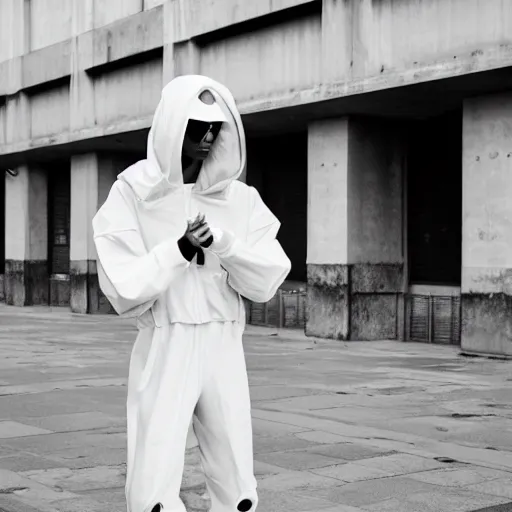 Image similar to fashion photography of an extraterrestrial model, wearing white futuristic hip - hop streetwear fashion, inside berghain, berlin fashion, futuristic fashion, photo 3 5 mm leica, hyperdetail, 8 k, very detailed, black and white