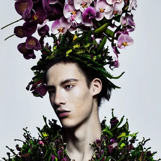 Prompt: a portrait of a beautiful young male wearing an alexander mcqueen armor made of orchids , photographed by andrew thomas huang, artistic