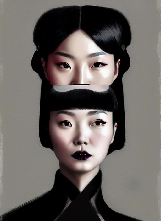 Image similar to portrait of a chinese woman with a crooked nose and a confident expression, 1 9 6 0 s, black clothes, goth, punk, brightly coloured hair, funk, intricate, elegant, highly detailed, digital painting, artstation, concept art, smooth, sharp focus, illustration, art by wlop, mars ravelo and greg rutkowski