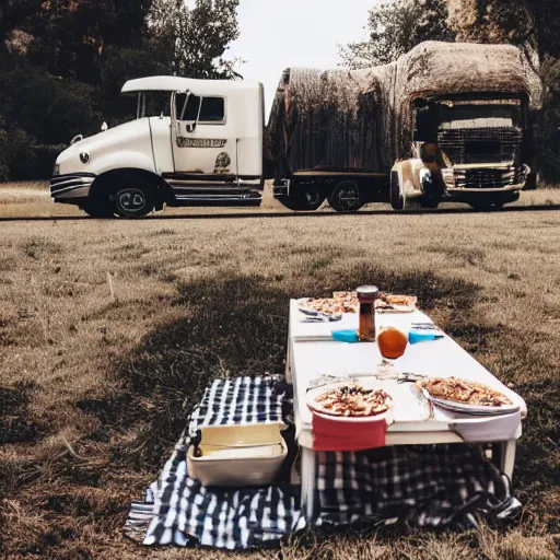 Prompt: two trucks having a picnic