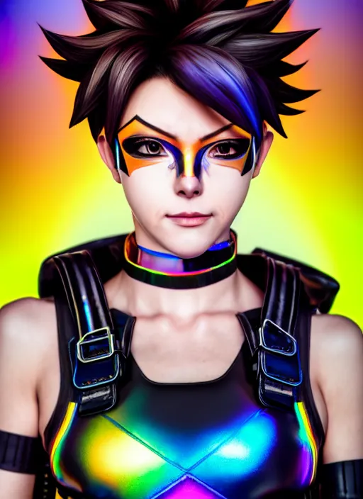 Image similar to hyperrealistic style portrait of tracer overwatch, confident pose, wearing black iridescent rainbow latex, rainbow, neon, 4 k, expressive happy smug expression, makeup, in style of mark arian, wearing detailed black leather collar, wearing sleek armor, black leather harness, expressive detailed face and eyes,