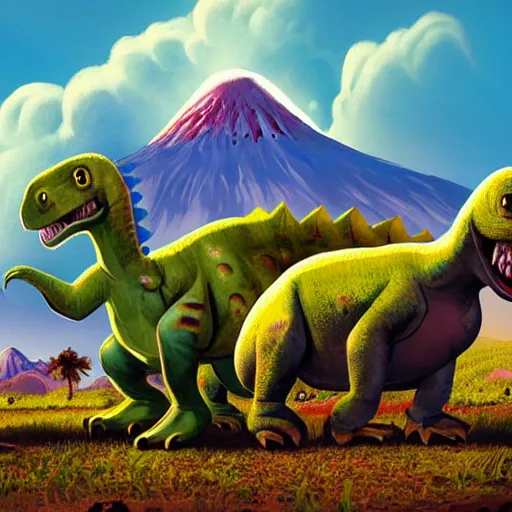 Image similar to cute dinosaurs walking around a field with a volcano in the background, concept art, illustrated, highly detailed, high quality, bright colors, optimistic,