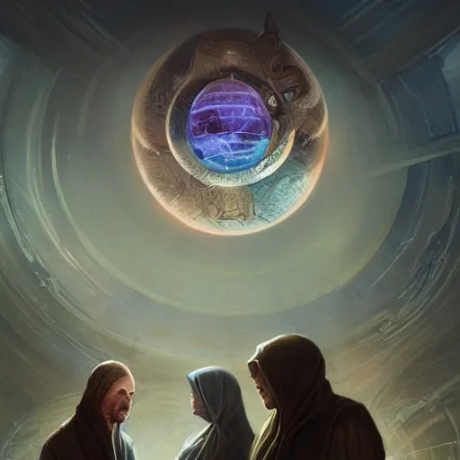 Image similar to the creators of worlds wearing cloaks, standing in a circle and holding a holographic planet projection in his hand, detailed, sci - fi, digital painting, artstation, sharp focus, illustration, ominous, artgerm, tomasz alen kopera, peter mohrbacher, donato giancola, joseph christian leyendecker, wlop, frank frazetta