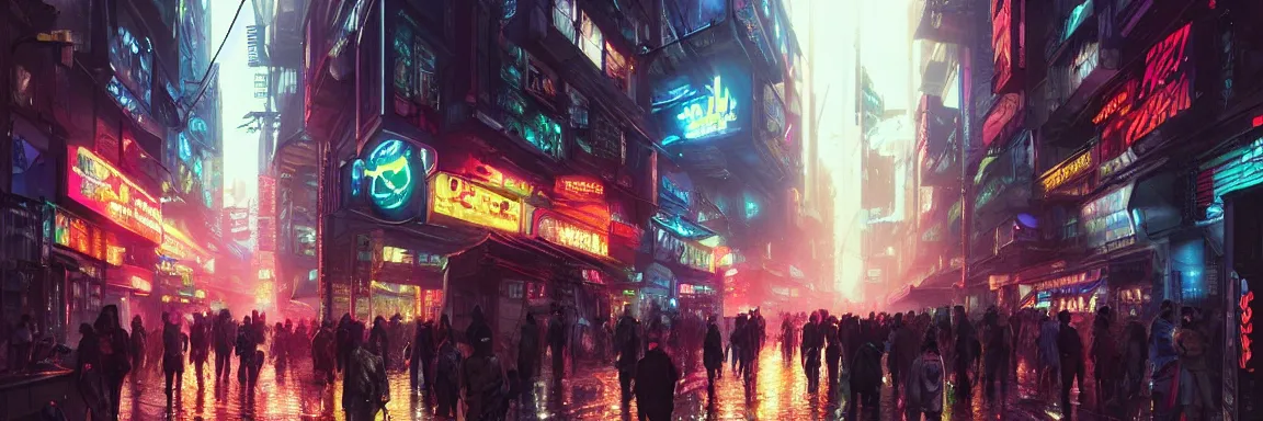 Image similar to overly crowded street of a cyberpunk city, rain, harsh neon lights, highly detailed, digital painting, trending on artstation, concept art, sharp focus, illustration, art by artgerm and greg rutkowski and magali villeneuve