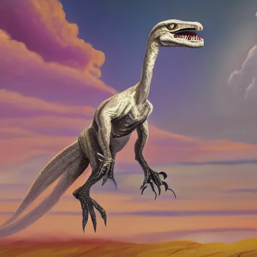 Prompt: oil painting of a velociraptor wearing a white wedding dress, atmospheric, beautiful, cinematic, detailed, fullbody portrait, 4 k, 8 k