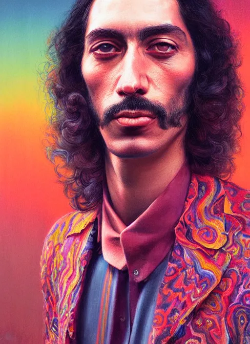 Prompt: a detailed painted portrait of an 7 0's era psychedelic rock musician by artist hadi karimi, wlop, artgerm, greg rutkowski, slightly happy facial expression, dramatic lowkey studio lighting, accurate skin textures, hyperrealism, aesthetically pleasing and harmonious vintage colors