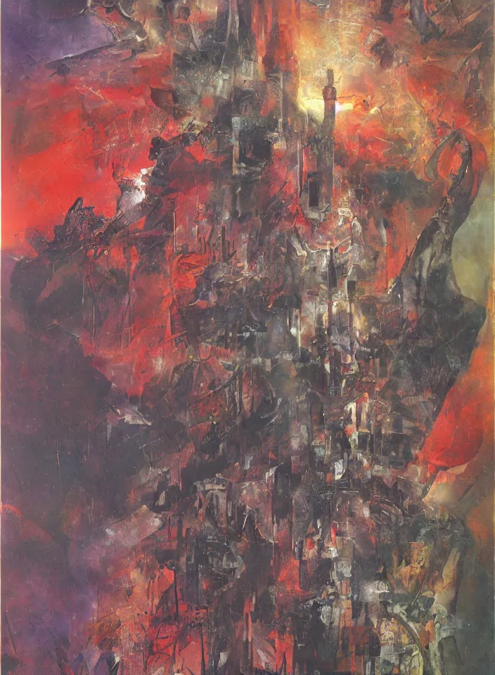 Image similar to the blind liberty of the few, red and purple palette, volume light, fog, by mimmo rotella by ( h. r. giger ) and paul lehr