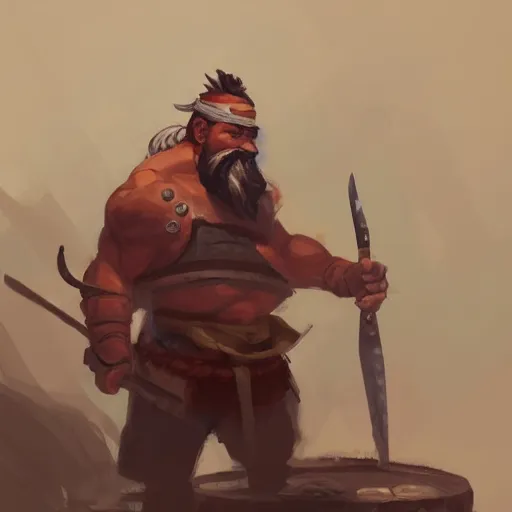 Prompt: portrait old chef barbarian warrior with trucker mustache and short hair, 8 k, trending on art station, by tooth wu and greg rutkowski