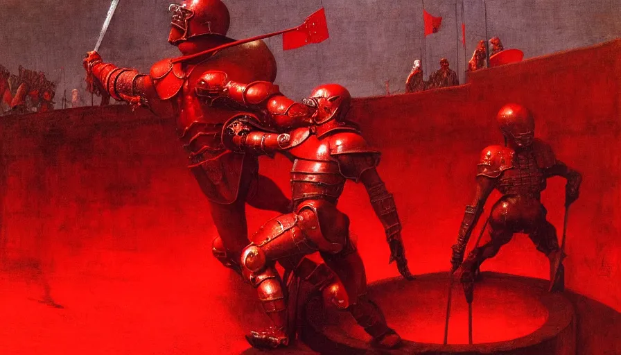 Image similar to only with red, an armored gladiator in a crowded roman amphitheatre, crowd cheering, in the style of beksinski and edward hopper and rodcenko and yue minjun and rolf armstrong, intricate and epic composition, red by caravaggio, highly detailed, masterpiece, red light, artstation