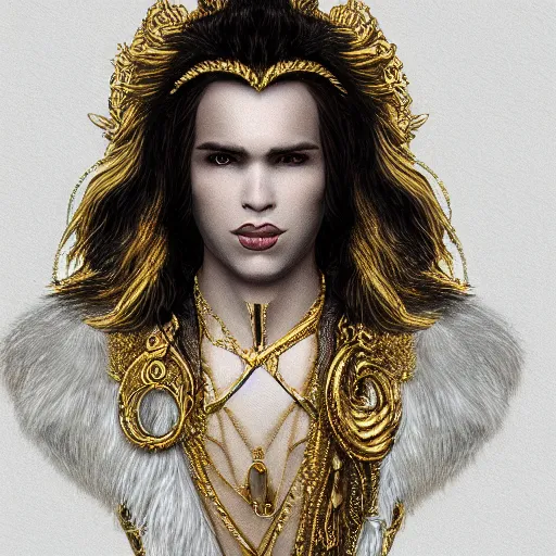 Image similar to portrait of a white human panter with a very long fur and gold jewelry, fantasy, trending on artstation, heroic pose, illustration, highly detailed, simple, 8k