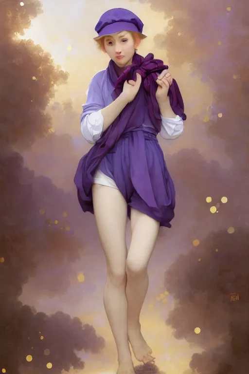 Image similar to Full View girl with short blond hair wearing an oversized purple Beret, Baggy Purple overall shorts, Short Puffy pants made of silk, silk shoes, a big billowy scarf, Golden Ribbon, and white leggings Covered in stars. Short Hair. masterpiece 4k digital illustration by Ruan Jia and Mandy Jurgens and Artgerm and william-adolphe bouguereau, award winning, Artstation, art nouveau aesthetic, Alphonse Mucha background, intricate details, realistic, panoramic view, Hyperdetailed, 8k resolution, intricate art nouveau