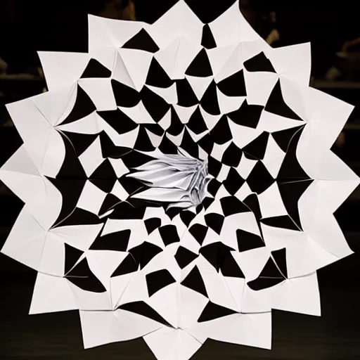 Prompt: beautiful model wearing origami - themed huge paper flower fashion runway by issey miyake