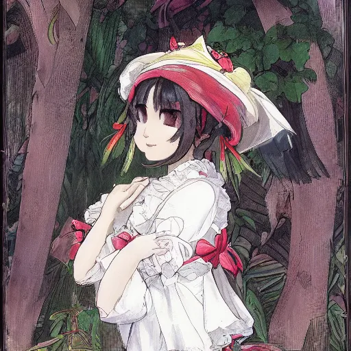 Image similar to a mucha alphonse of reimu in the jungle wearing bonnet