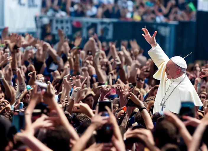 Image similar to photo still of pope francis at the vans warped tour!!!!!!!! at age 3 6 years old 3 6 years of age!!!!!!!! stage diving into the crowd, 8 k, 8 5 mm f 1. 8, studio lighting, rim light, right side key light