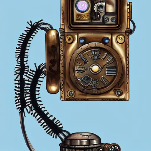 Prompt: steampunk mobile phone, steam engine to charging, illustration, concept art, digital painting, matte, hyperdetailed