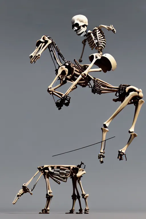 Prompt: a scuplture of a skeleton riding a horse made from parts of plastic toys and riveted together with a toy plane crashing into it, haunted, in the style of dali, plastic, blue, hyperdetailed, ultra realistic, octane render, 8 k, cinematic, atmospheric lighting, dark volumetric lighting