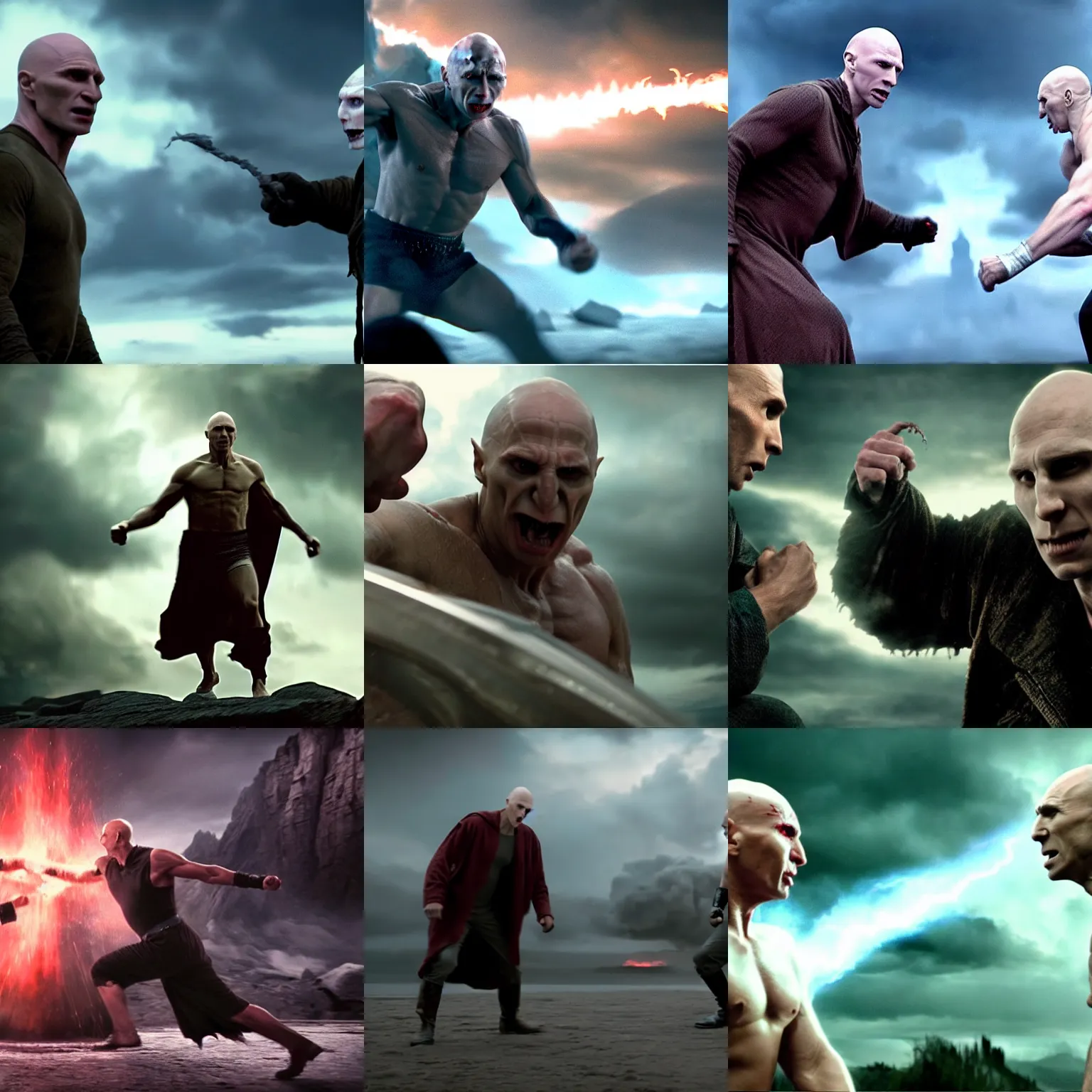 Prompt: dwayne jonson fighting with voldemort, cinematic establishing shot, magical colours and atmosphere, perfect coherent composition, super realistic, professional photography 1 6 k