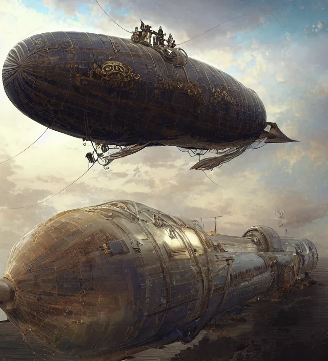 Image similar to a baroque steampunk airship dirigible in the style of last exile, blimp, intricate, highly detailed, digital painting, artstation, concept art, sharp focus, cinematic lighting, illustration, art by artgerm and greg rutkowski, alphonse mucha, cgsociety