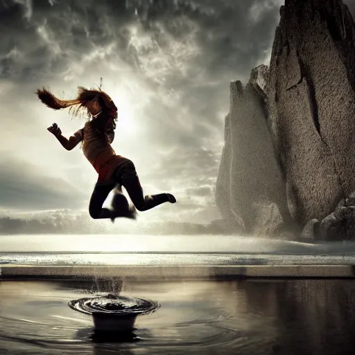 Image similar to photo of a woman jumping in a basin with a dog, gorgeous view, depth, high detail, trending on artstation