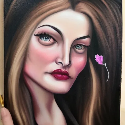 Image similar to portrait of madchen amick, style of mark ryden, painting, oil on canvas