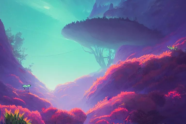 Image similar to a beautifully ultradetailed painting of a mysterious fern green location on top of a universe on the side of a mountain filled with giant orange and purple crystals illuminated by pastel pink fireflies, icy blue mist, morning shot, alena aenami, raphael lacoste, makoto shinkai, 4 k, trending on artstation