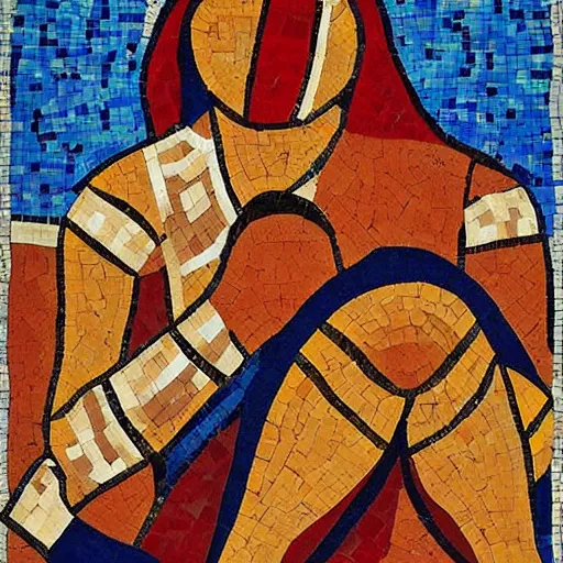 Image similar to A beautiful land art. Her cell is as bare as mine. She is sitting in the middle, hugging her knees, wrapped in a toga-like garment. mosaic, orpist by Stuart Davis, by Ed Mell lavish