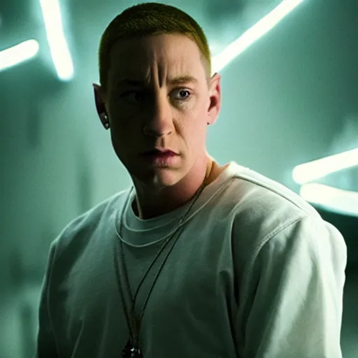 Prompt: movie still of eminem cyborg, cinematic composition, cinematic light, criterion collection, by david lynch