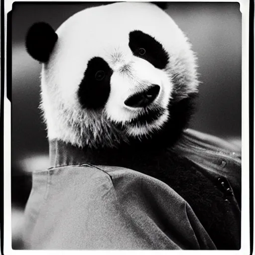 Image similar to grainy head to shoulder portrait polaroid film photograph of a panda in a mall wearing aviator shades. super resolution. surreal. extremely detailed. polaroid 6 0 0 film. by annie leibovitz and richard avedon