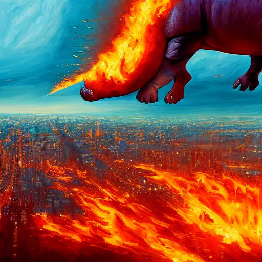 Image similar to Giant hippo over a city in flames, highly detailed painting, 4k, soft light