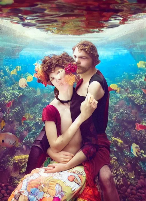 Image similar to detailed colourful masterpiece of photography by couple portrait sat down extreme closeup, love, inside an underwater train, detailed realistic expressions, wearing unusual clothes, by frederic leighton, ultra wide angle