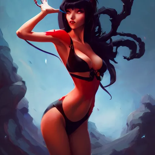 Image similar to a beautiful portrait of a beautiful vampirella, concept art by pete mohrbacher and guweiz and ilya kuvshinov, digital art, highly detailed, intricate, sharp focus, trending on artstation hq, deviantart, unreal engine 5, 4 k uhd image