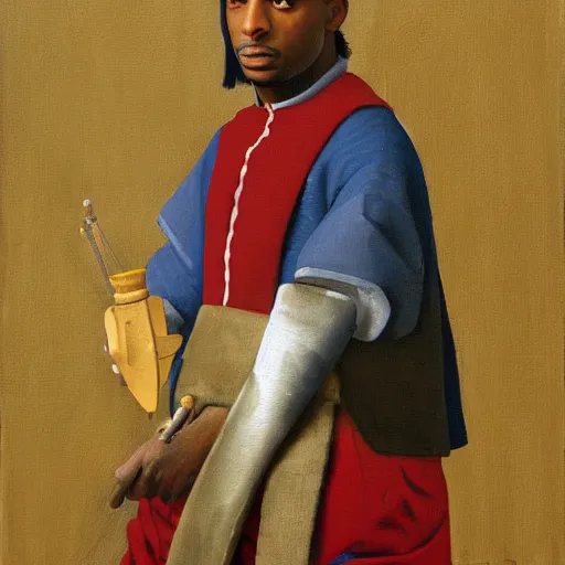 Prompt: a painting of 2 1 savage in knights armor by vermeer