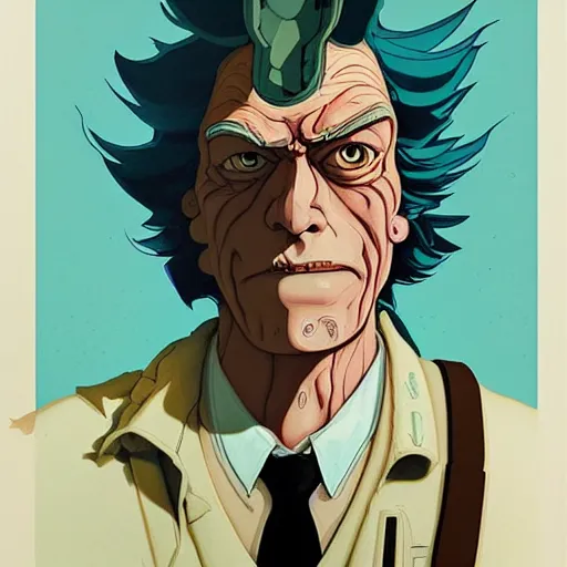 Image similar to westworld rick sanchez futurama portrait by charles vess and james jean and erik jones and rhads, inspired by ghost in the shell, beautiful fine face features, intricate high details, sharp, ultradetailed