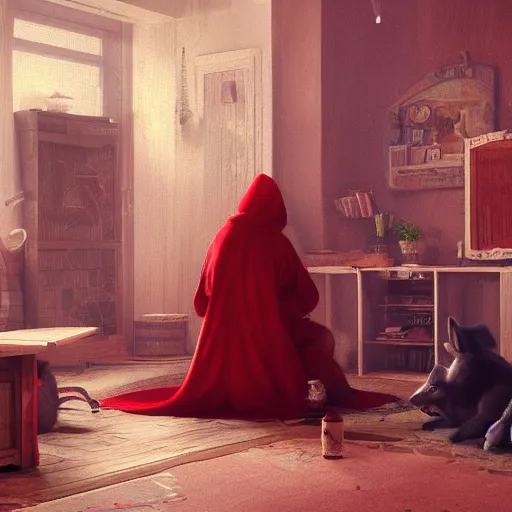 Image similar to big bad wolf and red riding hood talking in grandma’s living room, 3d scene, render, ultra realistic, zenith view, Greg Rutkowski, artstation, cgsociety, unreal engine, 3d scene, render, ultra realistic