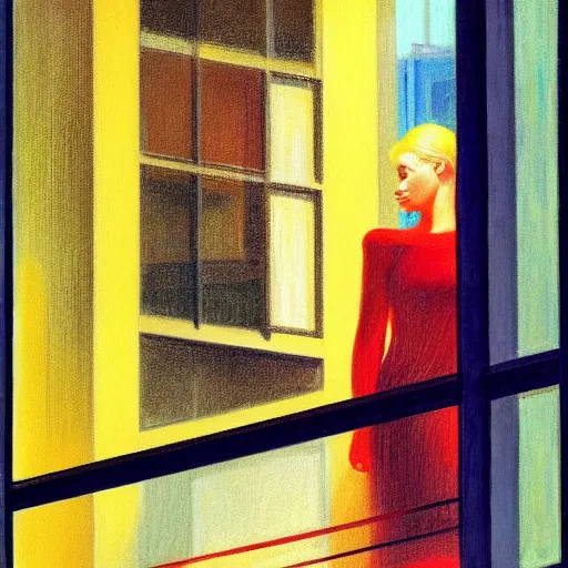 Image similar to blonde girl looking out the window of her hotel room, rainy night, neon lighting, by Edward Hopper