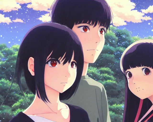 Prompt: beautiful anime girl with long black hair and bangs, beautiful anime guy with short black hair, wearing black clothes, siblings, fine details portrait, japense village in background, bokeh. anime masterpiece by Studio Ghibli. illustration, sharp high-quality anime illustration in style of Ghibli, Ilya Kuvshinov, Artgerm