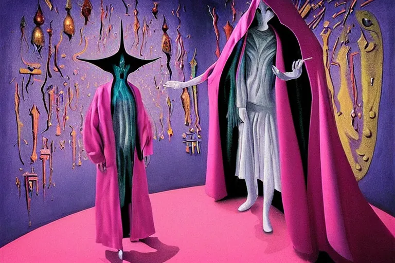 Image similar to a masterpiece painting in the laboratory of a technomancer wizard, in dazzle camouflaged robes, pointed hoods, he discusses sentience with his al djinn by remedios varo and anato finnstark and greg rutkowski and andy warhol and francis picabia. dayglo pink blue, prismatic, pearlescent, raven black, glowing, hyperrealism, trending on artstation