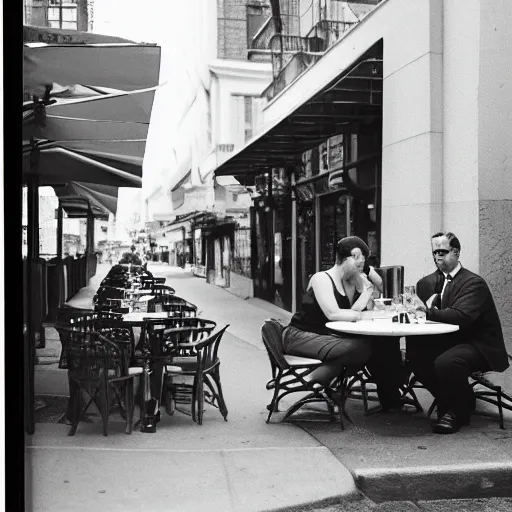 Prompt: a couple dining outside at a lower west side restaurant, ansel adams photography