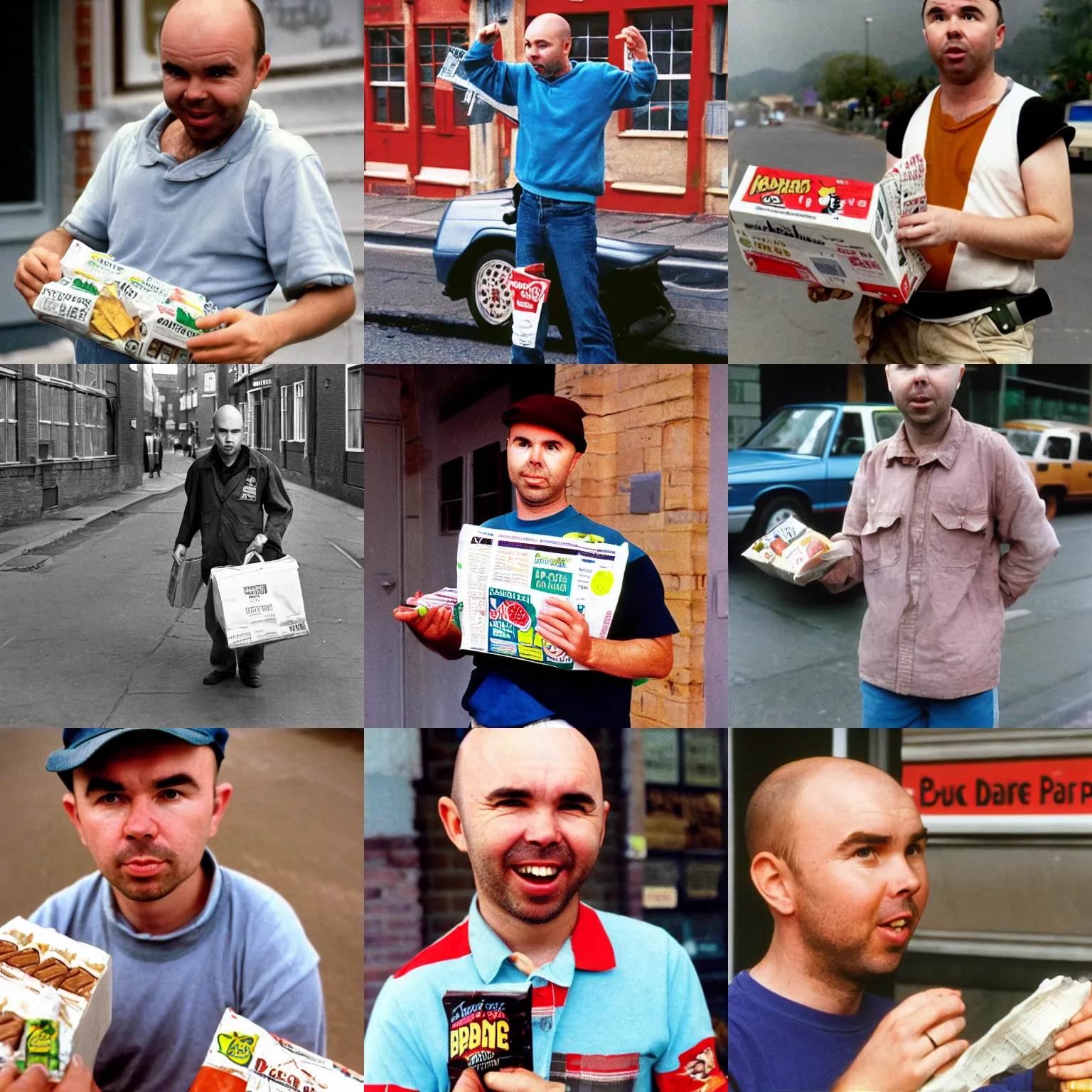 Prompt: karl pilkington as a newpaper delivery boy, eating mars bar candy, color, 1 9 8 7