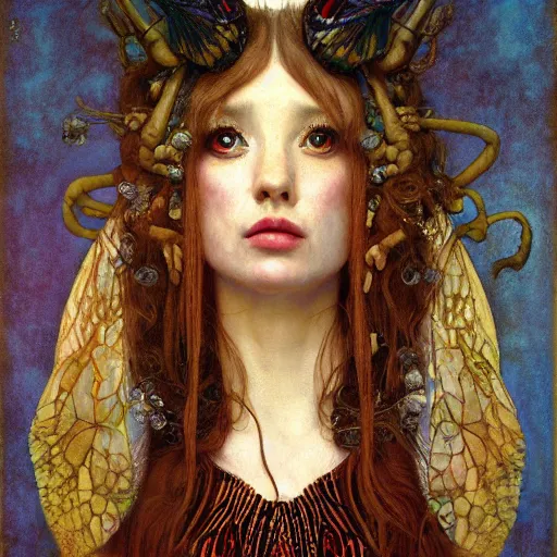 Prompt: a portrait of a insect lady, titian, sam spratt, maxfield parrish, gustav klimt, tom bagshaw, mark ryden, alphonse mucha, rembrandt, high quality, painting, oil