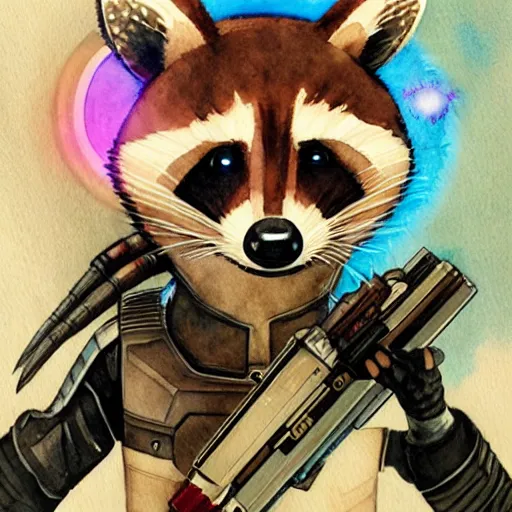 Image similar to racoon holding a laser gun, guardians of the galaxy style, centered award winning watercolor pen illustration, by caroline choi, edited by range murata