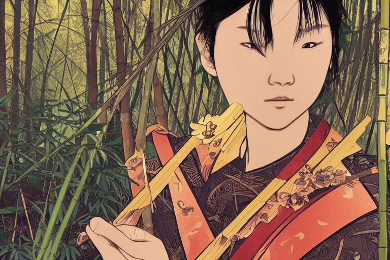 Prompt: close up of a wounded samurai in full armor being tendered by a kunoishi, in a mysterious and bamboo forest, golden hour, by fiona staples, range murata, alphonse mucha